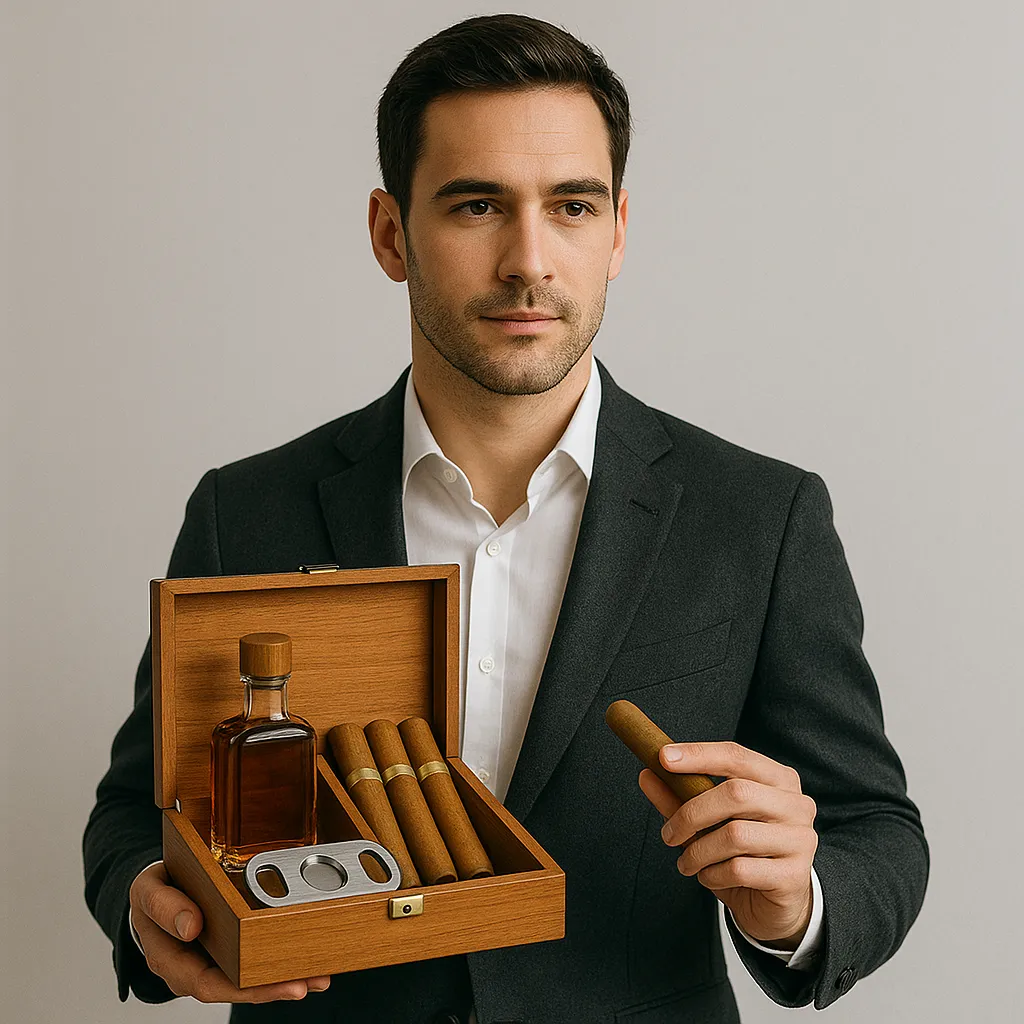Ein Mann  mit Holz-Accessoire-Set für Zigarren